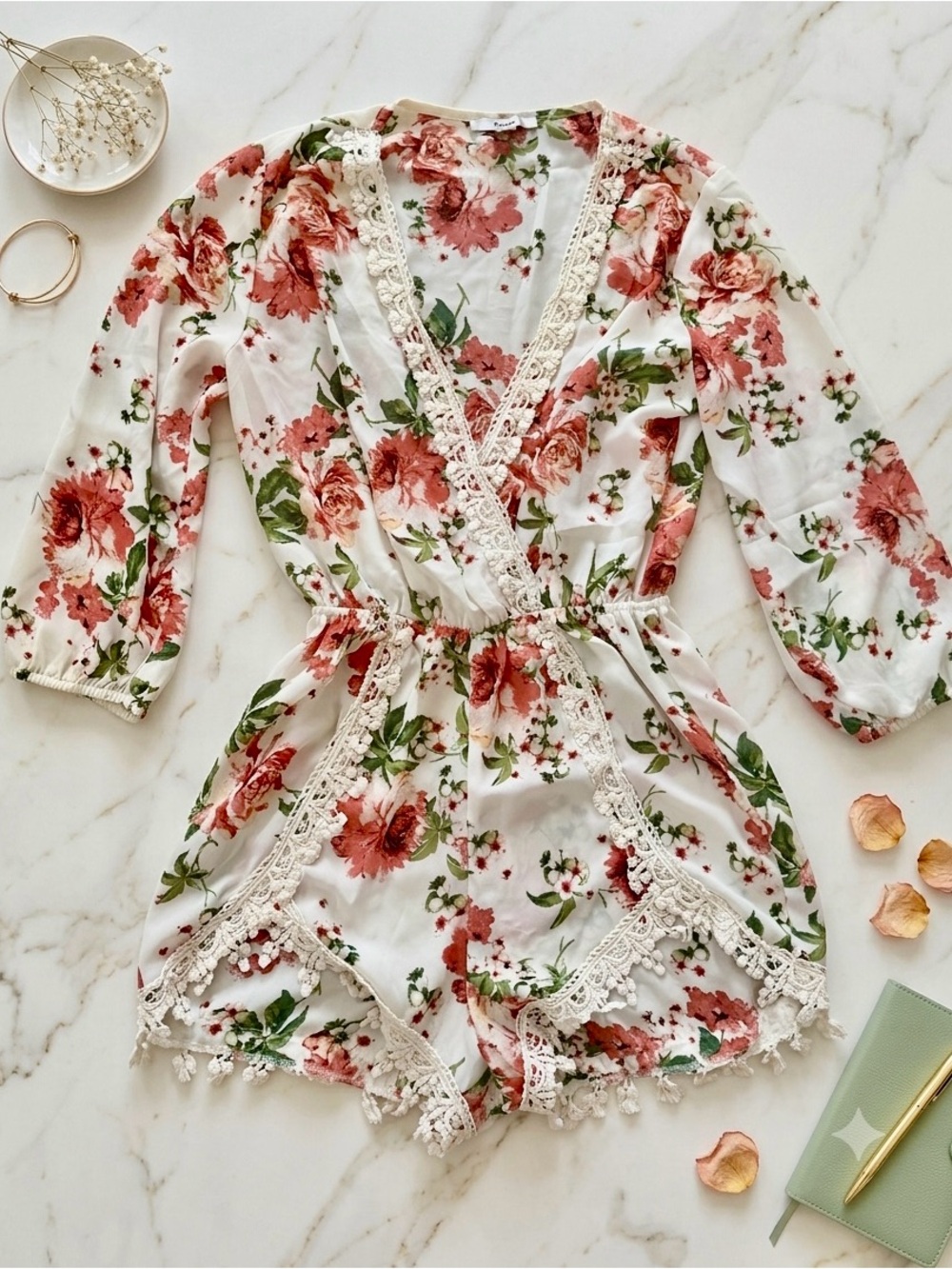 Floral Lace-Trim White & Rose Romper